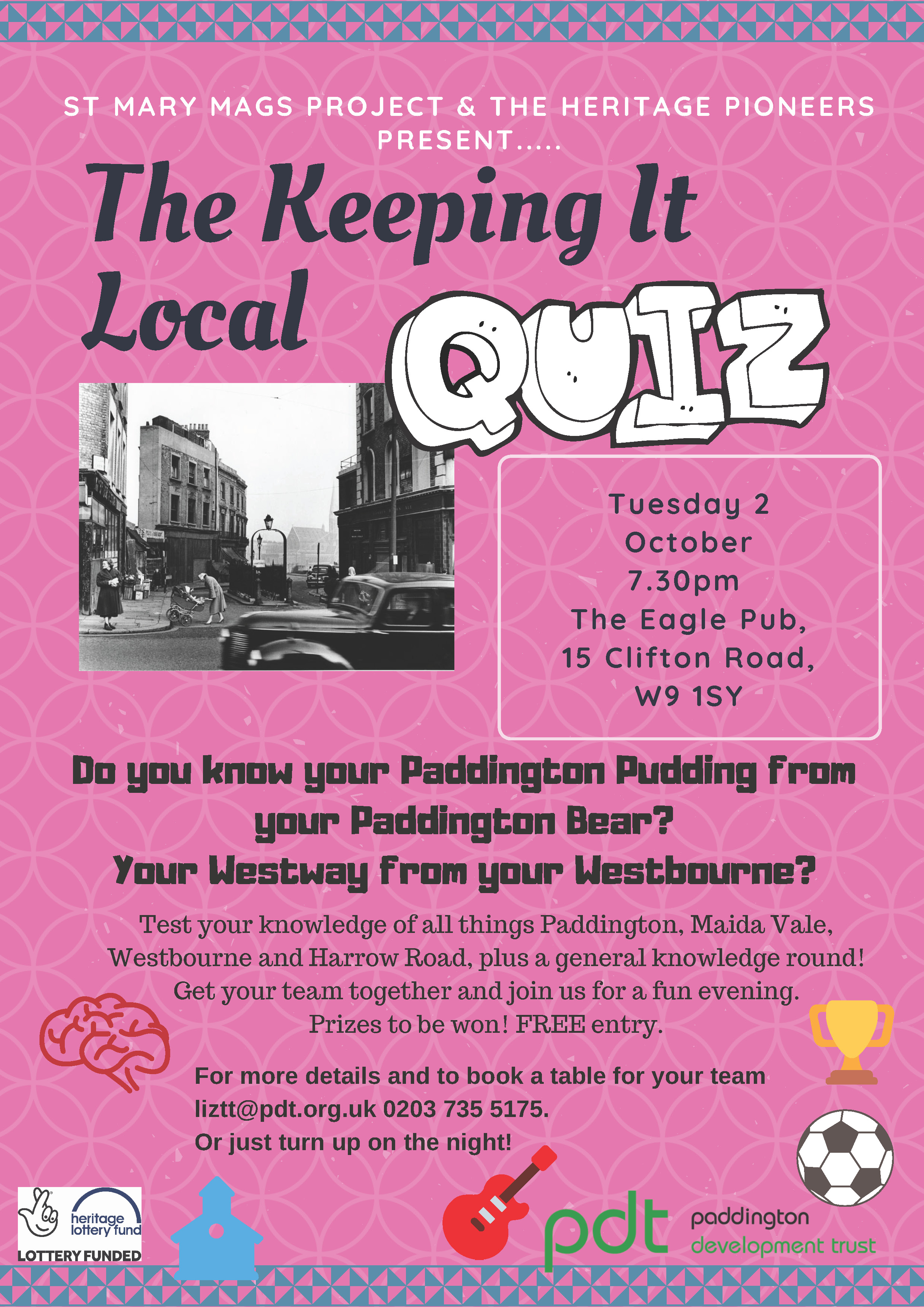 Mary Mags Pub Quiz flyer for event Tuesday 2 October 2018. 7.30 pm. The Eagle Pub, 15 Clifton Road, W9 1SY.