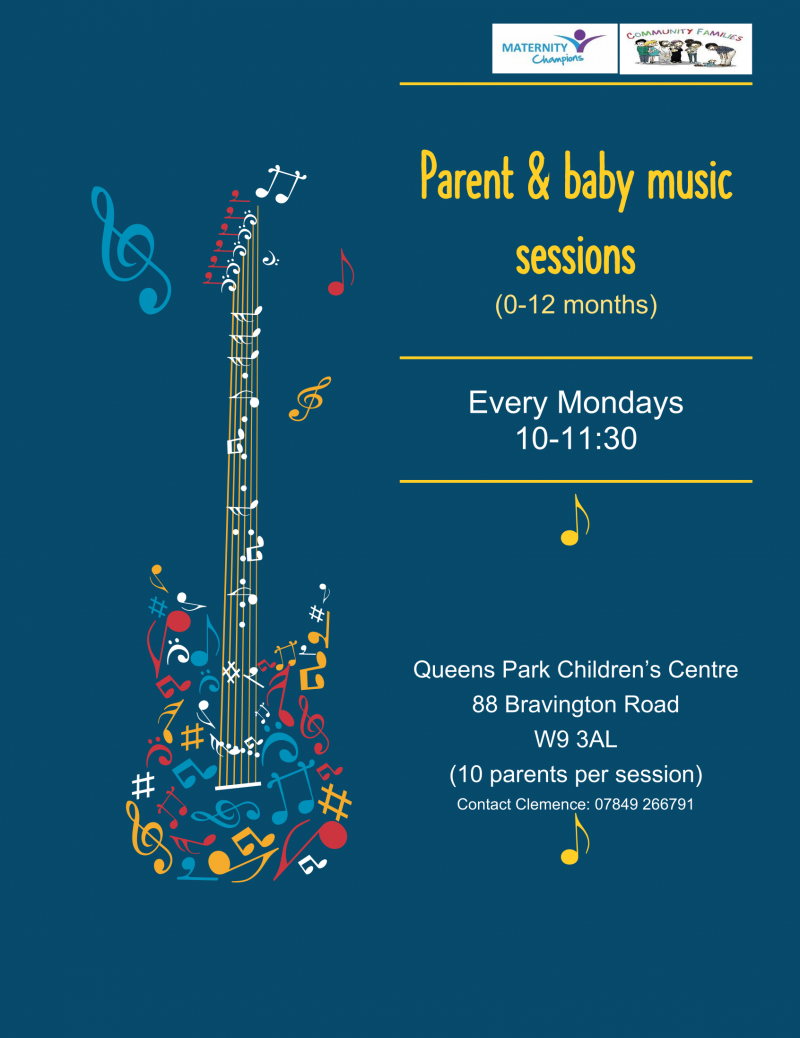 Parent and baby music sessions ( 0 - 12 months )

Every Monday
10 - 11.30 am

Queens Park Children's Centre
88 Bravington Road
W9 3 AL
( 10 parents per session )
Contact Clemence: 07849 266 791