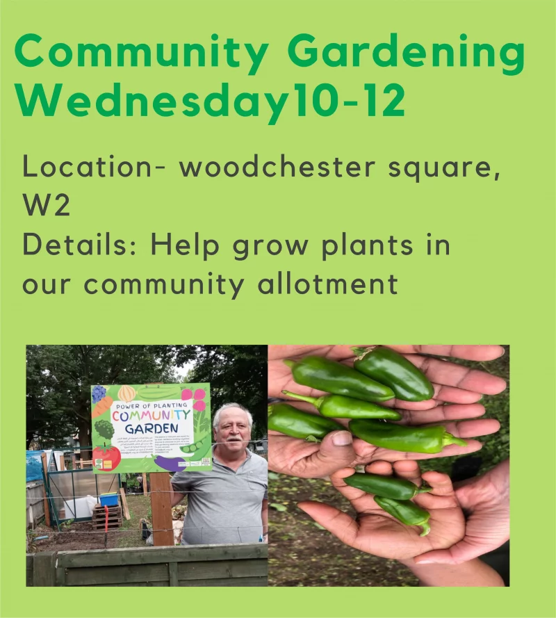 Community Gardening Wednesday 10 - 12 Location- woodchester square, W2 Details: Help grow plants in our community allotment