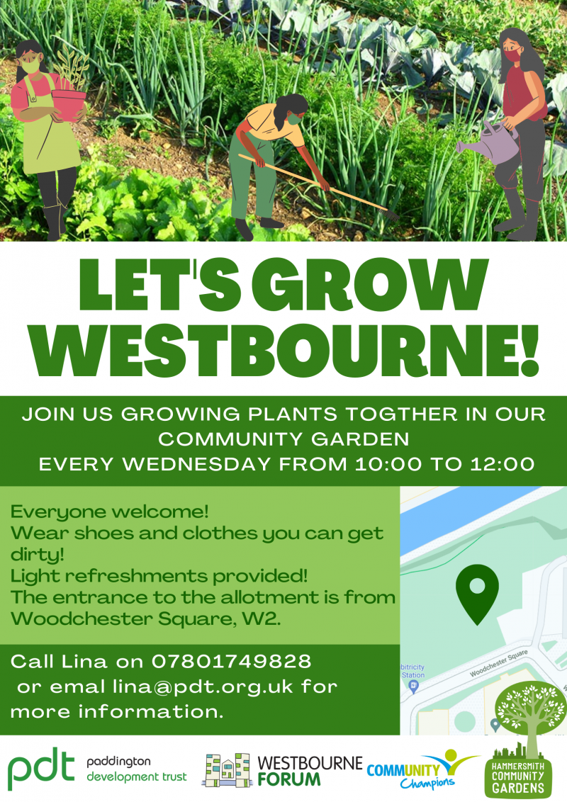LET'S GROW WESTBOURNE!  Join us growing plants together in our community garden Every Wednesday  Everyone welcome!  Wear shoes and clothes you can get dirty!   The entrance to the allotment is from Woodohester Square, W2.  Light refreshments provided!  Call Lina on 07801 749 828 or email lina@pdt.org.uk for more information