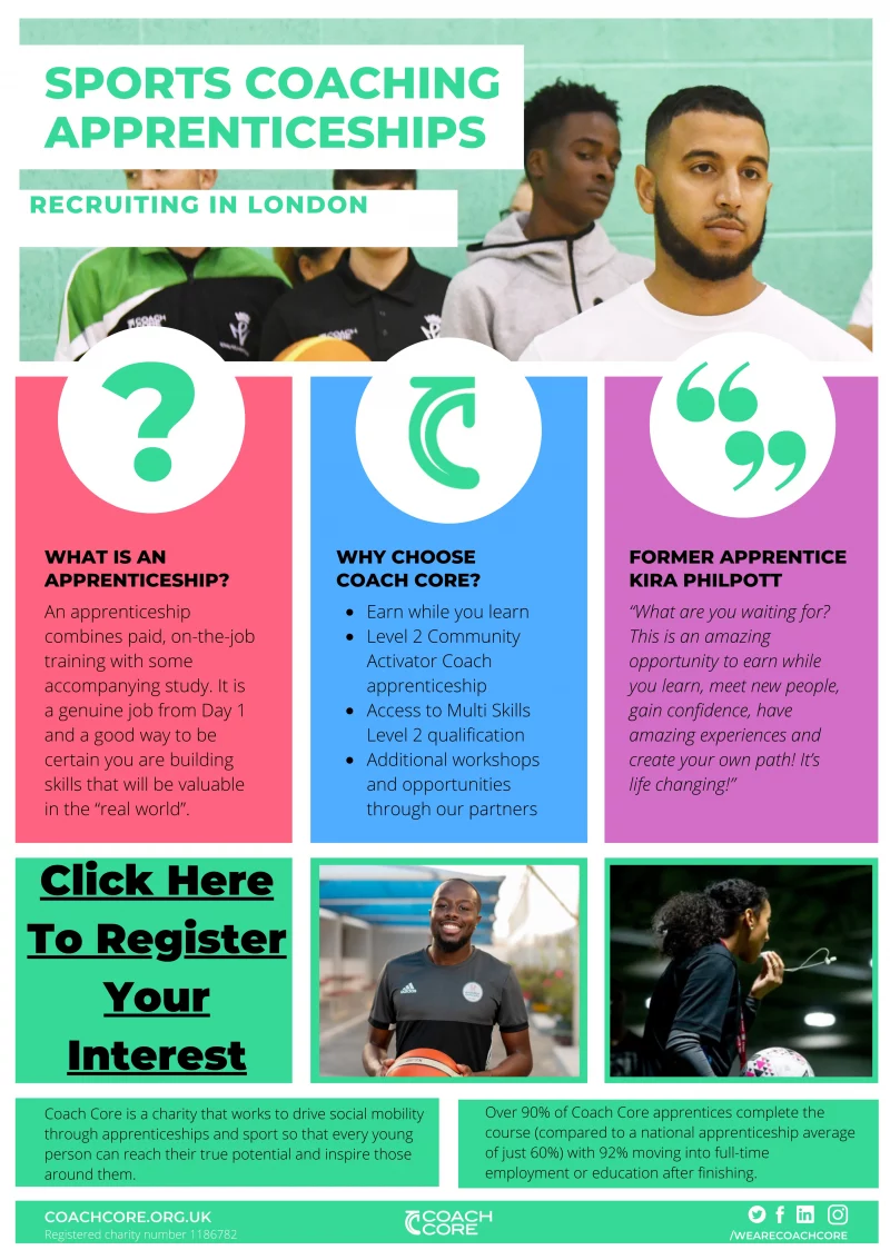 Sports coaching apprenticeships? Recruiting in london sports coaching apprenticeships? Recruiting in london What is an apprenticeship?   An apprenticeship combines paid, on-the-job training with some accompanying study. It is a genuine job from Day 1 and a good way to be certain you are building skills that will be valuable in the “real world”.   WHY CHOOSE COACH CORE?   Earn while you learn Level 2 Community Activator Coach apprenticeship Access to Multi Skills Level 2 qualification Additional workshops and opportunities through our partners  FORMER APPRENTICE KIRA PHILPOTT   “What are you waiting for? This is an amazing opportunity to earn while you learn, meet new people, gain confidence, have amazing experiences and create your own path! It’s life changing!”   Coach Core is a charity that works to drive social mobility through apprenticeships and sport so that every young person can reach their true potential and inspire those around them.   Over 90% of Coach Core apprentices complete the course (compared to a national apprenticeship average of just 60%) with 92% moving into full-time employment or education after finishing.   We are coachcore: coachcore.org.uk Registered charity number: 1186782