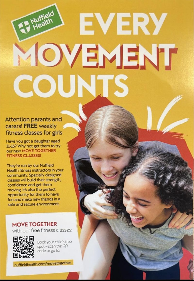EVERY MOVEMENT COUNTS

Attention parents and carers! FREE weekly fitness classes for girls
Have you got a daughter aged 11-16? Why not get them to try our new MOVE TOGETHER FITNESS CLASSES!

Theyr'e run by our Nuffield Health fitness instructors in your community. Specially designed classes will build their strength, confidence and get them moving. It's also the perfect opportunity for them to have fun and make new friends in a safe and secure environment

MOVE TOGETHER
with our free fitness classes:
Book your child's free spot - scan the QR code or go to: https://nuffieldhealth.com/movetogether